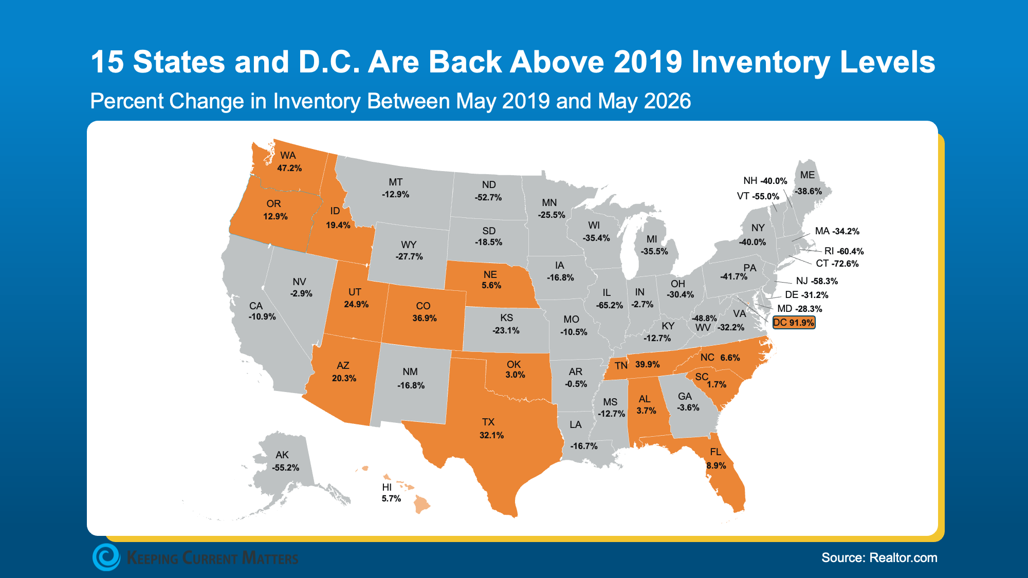 Map showing states above pre-pandemic inventory levels